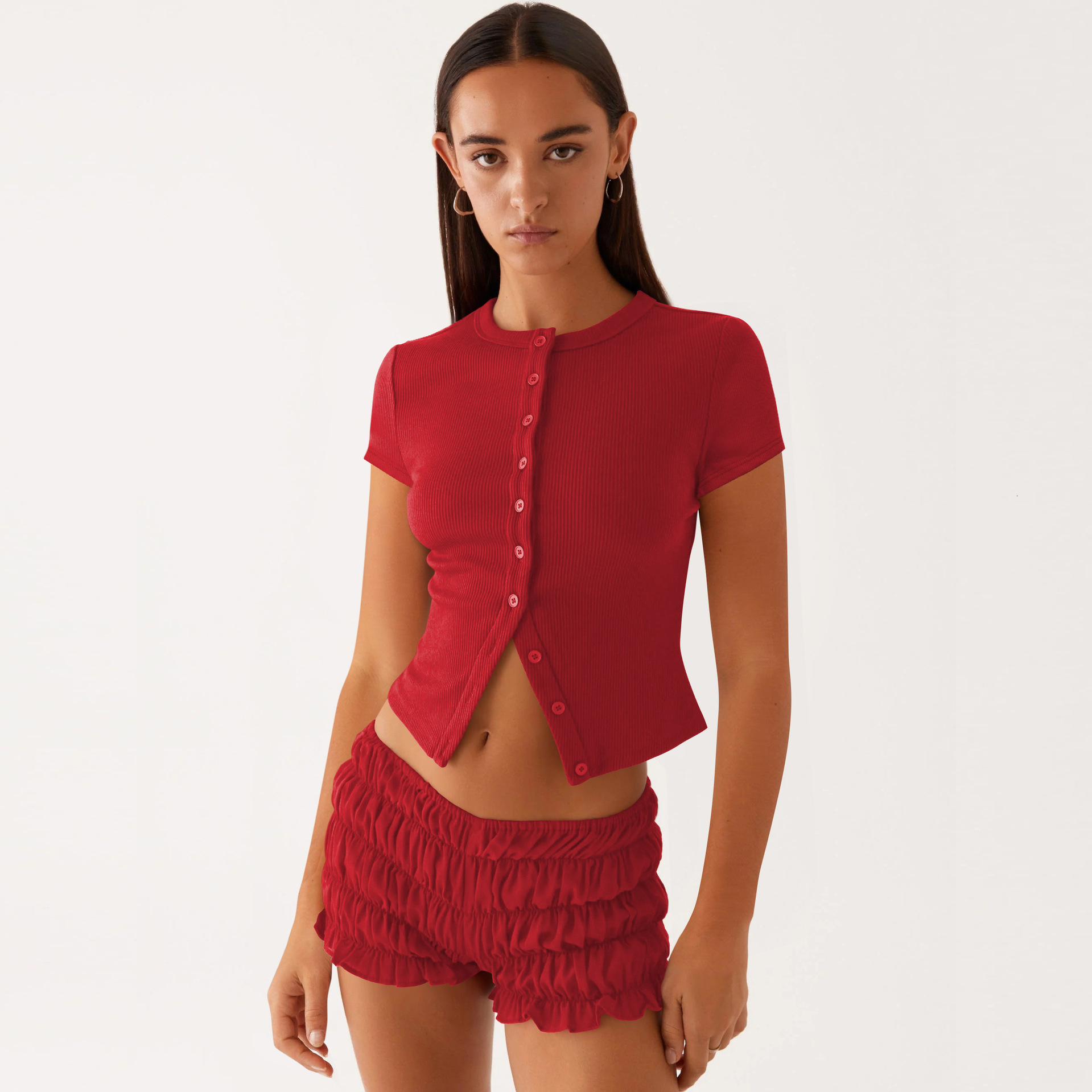 Designer Fashion Trend Free Shipping 2025 Summer Women Clothing New Collection Buckle Slimming Short Sleeved T-shirt Single Breasted Knitted Top