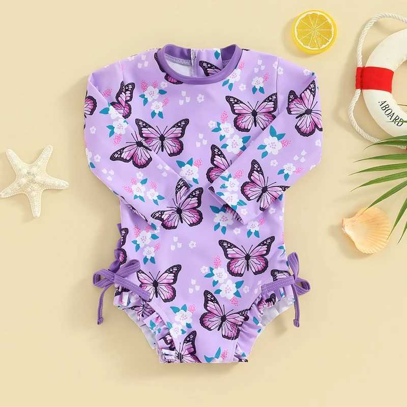 Baby Girls Bikini Swimwear Rash Guard Long Sleeve Flower Butterfly Print Bow Summer Swimming Bathing Swimsuit BeachwearXJ250214