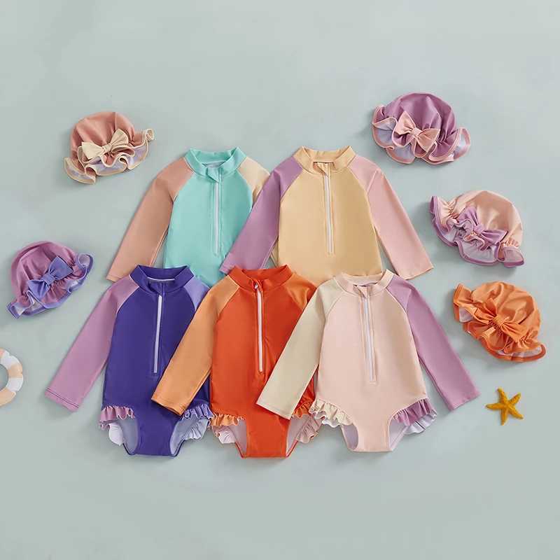 0-24M Newborn Baby Boys Girls Swimwear 5 Colors Kids Swimsuits Patchwork Long Sleeve Zip Up Bathing Suits with Hat BikinisXJ250214