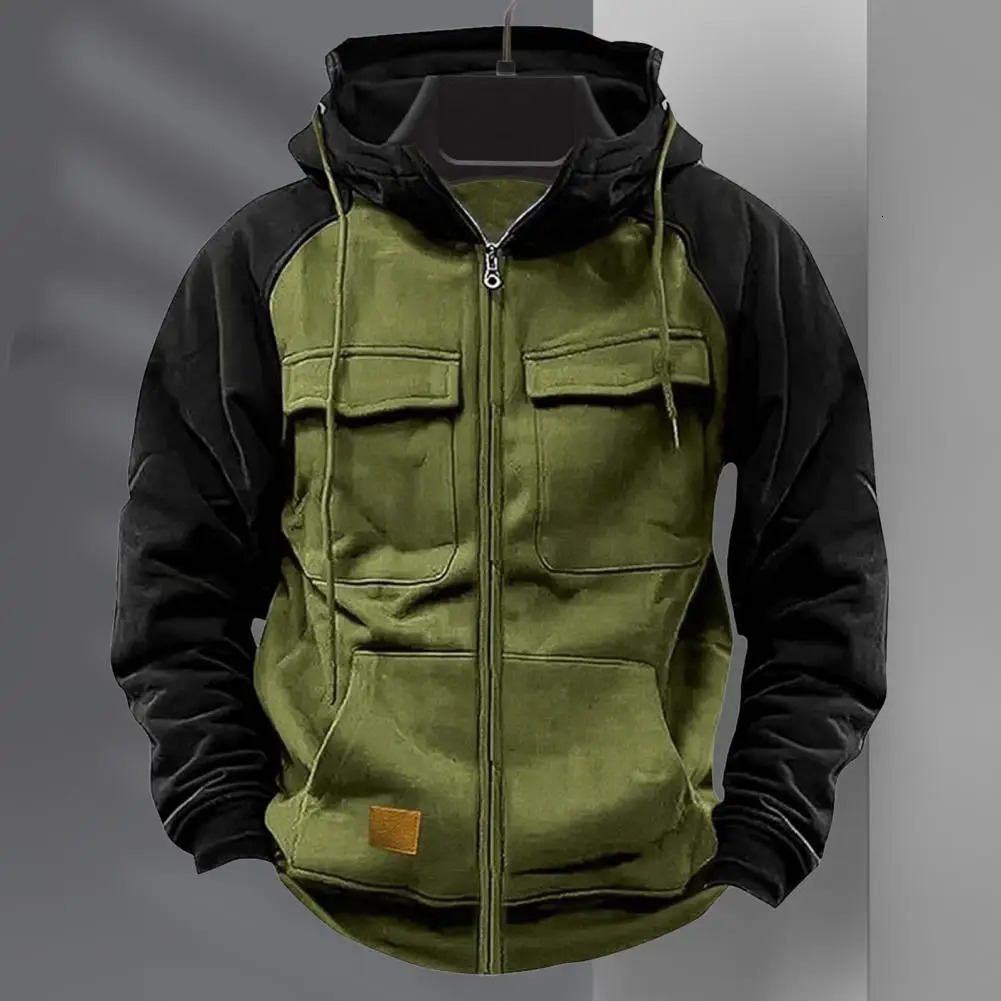 Men Hoodie Zipper Closure Elastic Cuff Retro Male Hooded Jackets Multi Pockets Cargo Warm Sweatshirts Thick Outdoor Coat 250214