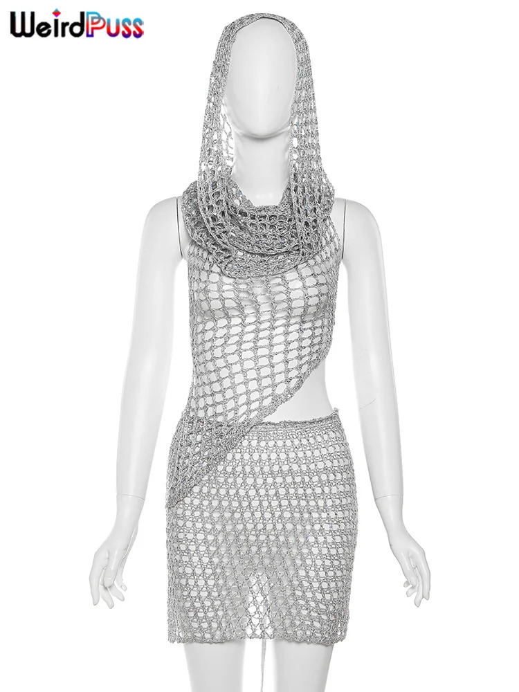 Weird Puss Sequins Women 2piece Set Sexy See Through Irregular Backless Hooded Tank TopsPeach Hip Skirts Midnight Clubwear Suit 250214