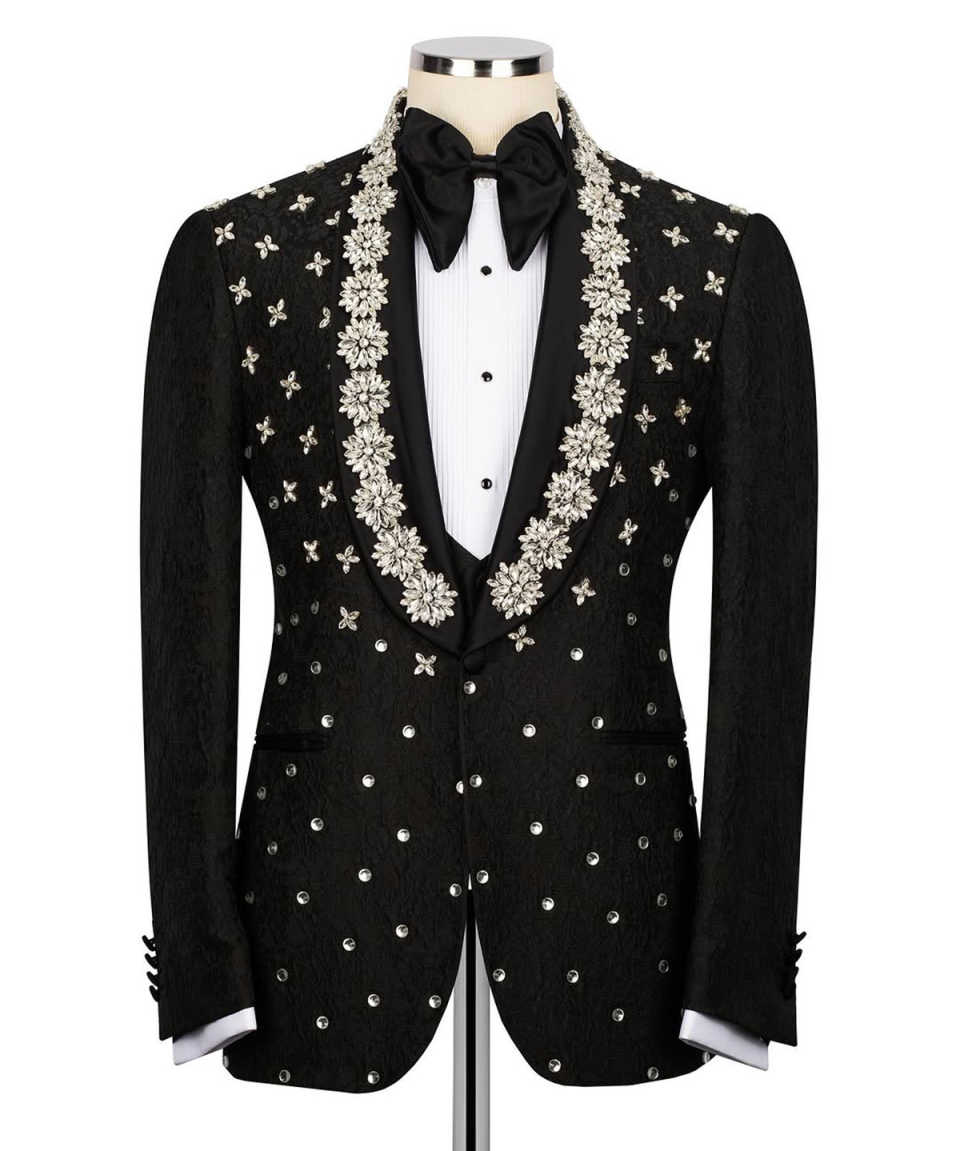 Noble Wedding Tuxedos Rhinestone Beaded Men Suits Shawl Lapel 3 Piece Set Jacket Vest Pants Handsome Groom Blazers Customized