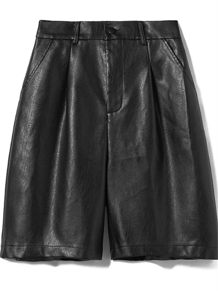 REALEFT Autumn Winter Green Faux PU Leather Womens Shorts High Waist Wide Leg Pants Vintage Trousers Female Pocket 2023 250213