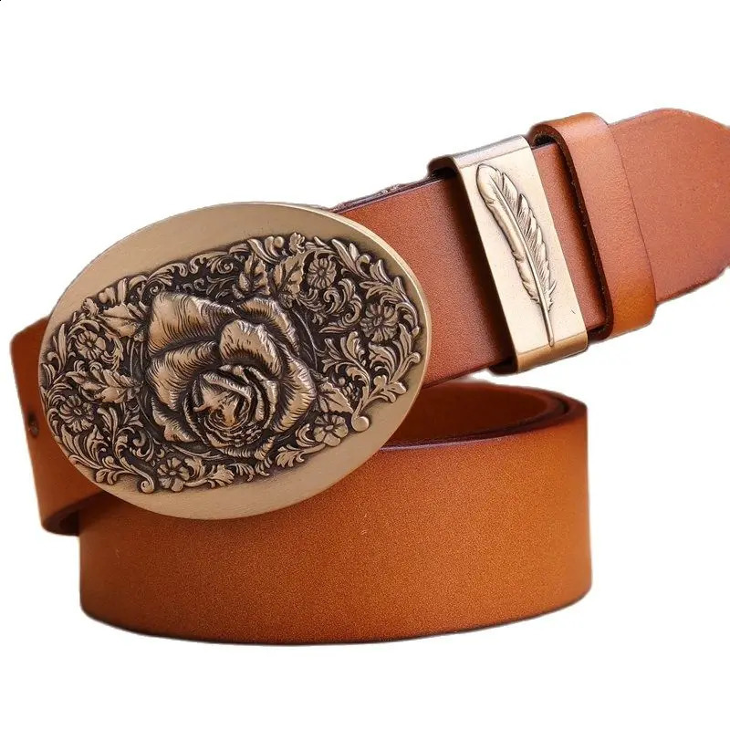 flower belt men high quality full grain cowhide genuine leather waist belt 3.8 cm wide strap belts for women leaf 250213