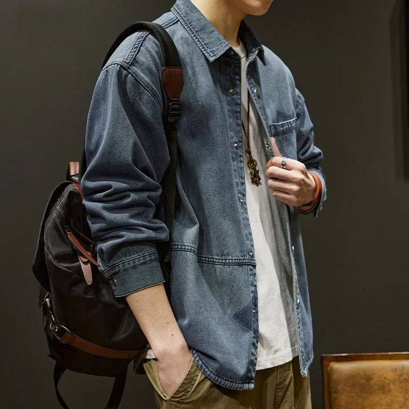 Spring jacket mens denim shirt long sleeved lapel casual retro clothing multi pocket 250212