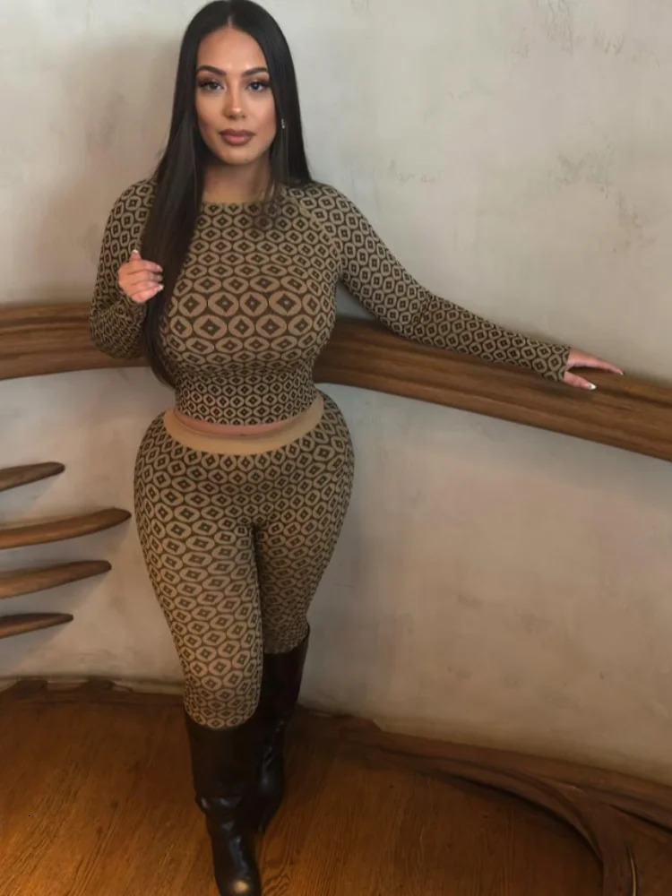 Chic Printed Tight Fitting Elastic Women Pants Suit Casual Long Sleeve Round Neck Slim Top Set 2025 Lady Spring Commute Outfits 250214