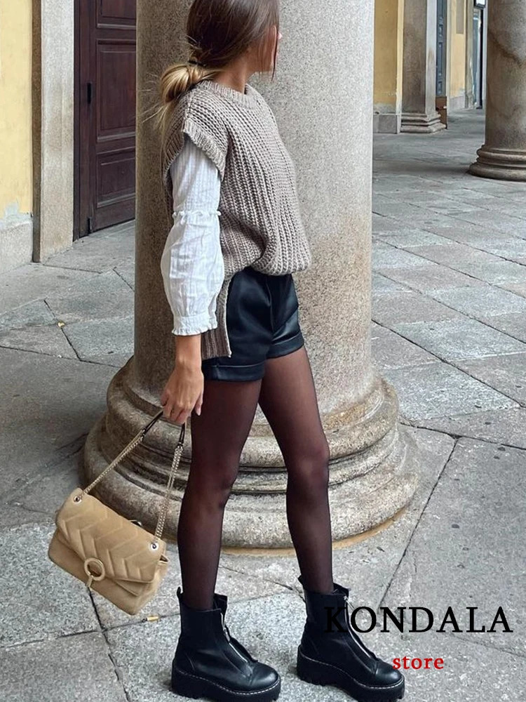 KONDALA 2024 Womens Retro PU Leather Shorts High Waist Undefined Drag Trouser Office 250213