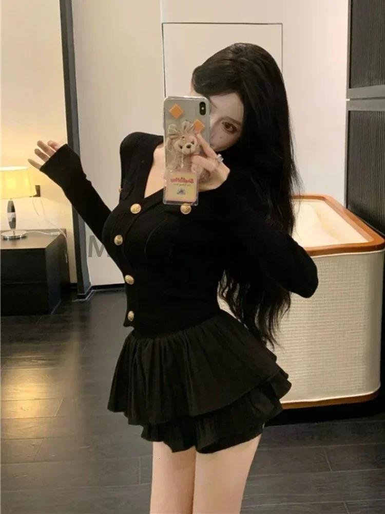 Winter Elegant Knitted Two Piece Set Women V-neck Sweater TopsCake Skirt Female Casual Korean Fashion Slim Vintage Set 250210