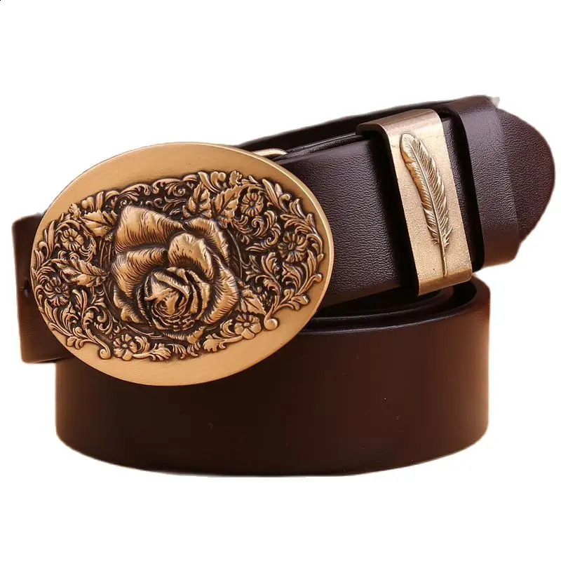 flower belt men high quality full grain cowhide genuine leather waist belt 3.8 cm wide strap belts for women leaf 250213
