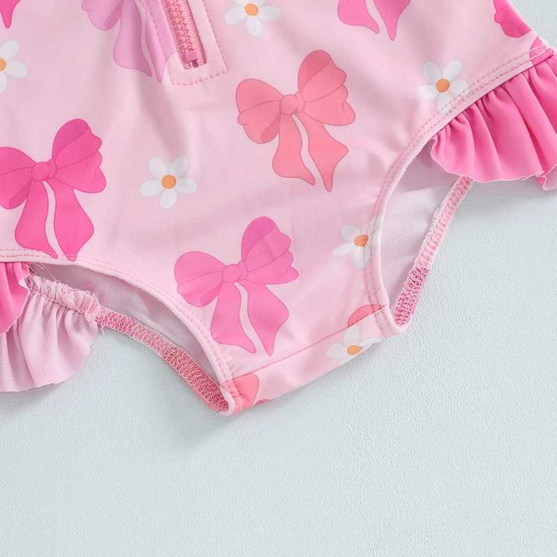 Toddler Girl Ruffle Swimsuit Long Sleeve Zipper Rash Guard Bathing Suit Cute Bow Pattern Swimwear RomperXJ250214