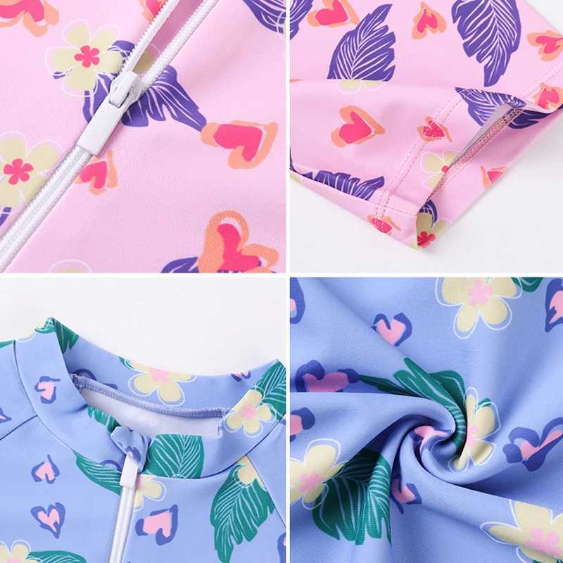 Leaf Print One Piece Girls Swimwear Kids Short Sleeve Swimsuit With Front Zipper Summer Children Swimming Suit BeachwearXJ250214