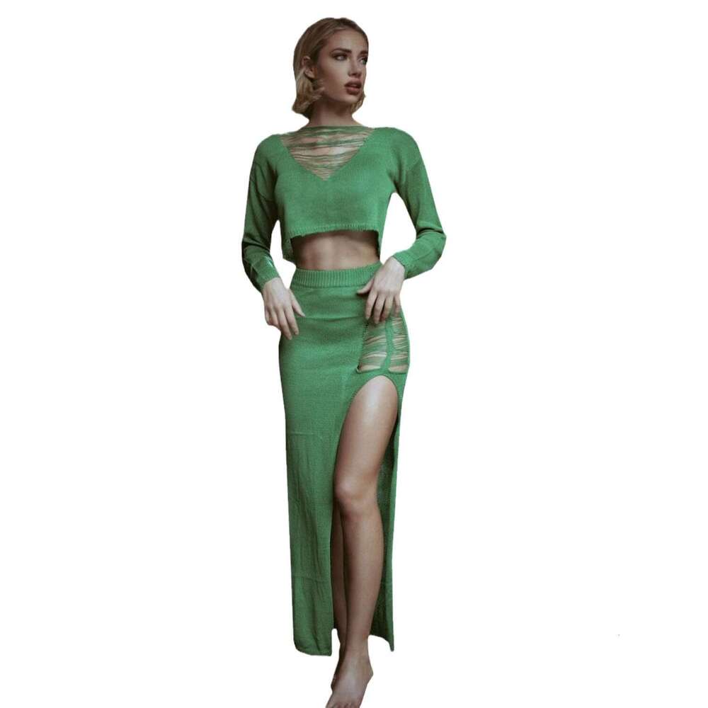 popular sexy slit long skirt, tassel hollow out woolen suit, women's 2025 new casual versatile fashion clothing