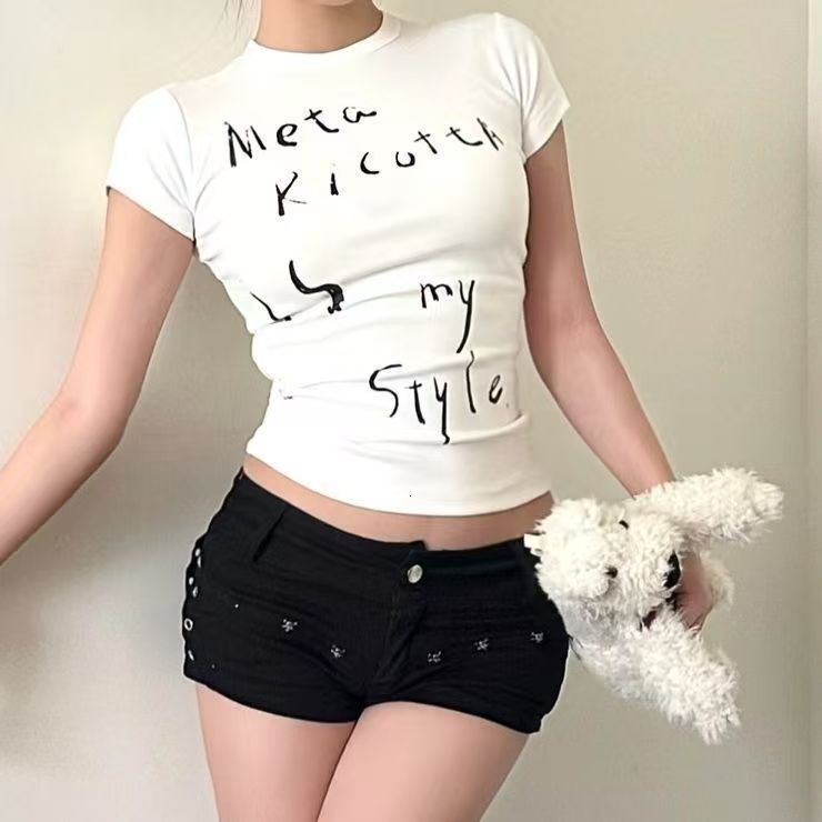Designer Fashion Trend Korean Version Ins Shoulder Display Short Sleeved T-shirt Round Neck Casual Top American Letter Print Boutique Women's Clo