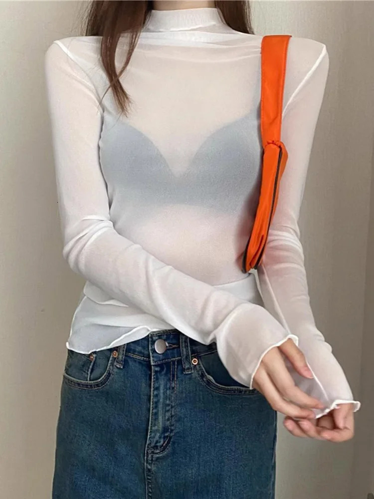 Spring Summer Womens Long Sleeve Sexy Black Mesh Top Punk Shirt Tees Beach Tops Ladies Bottom 250211