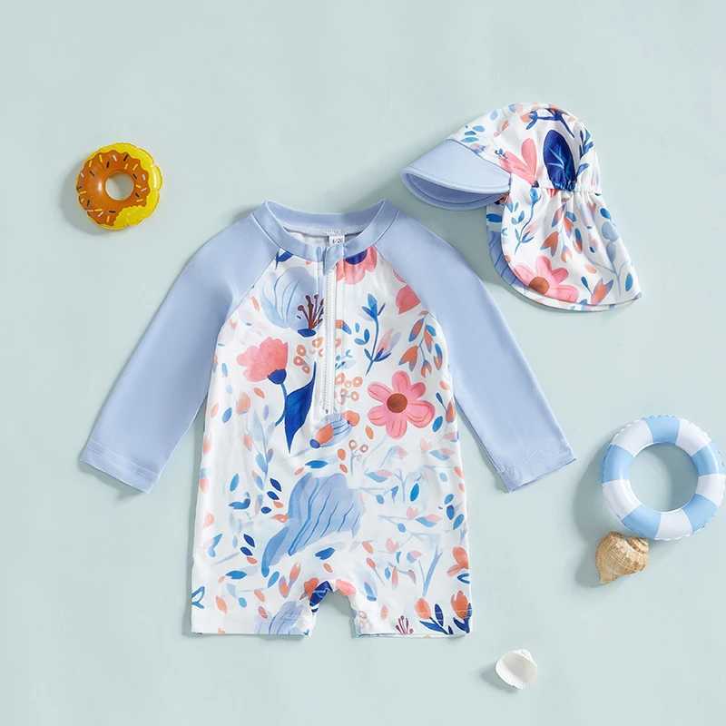 1-4Y Children Toddler Girl Long Sleeve Swimsuit Floral Print Half Zipper Non-Pilling Rash Guard Swimwear Sunhat Set SportswearXJ250214