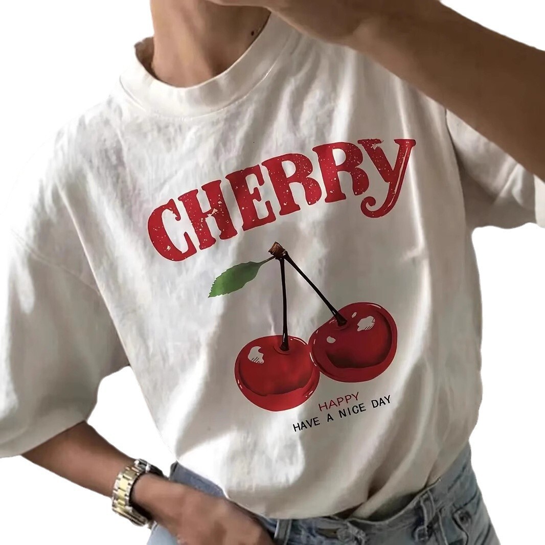 Designer's Casual And Fashionable Versatile Top With Cherry Pattern Printed T-shirt, Fashionable And Versatile Pure Cotton Top, Women's Clot