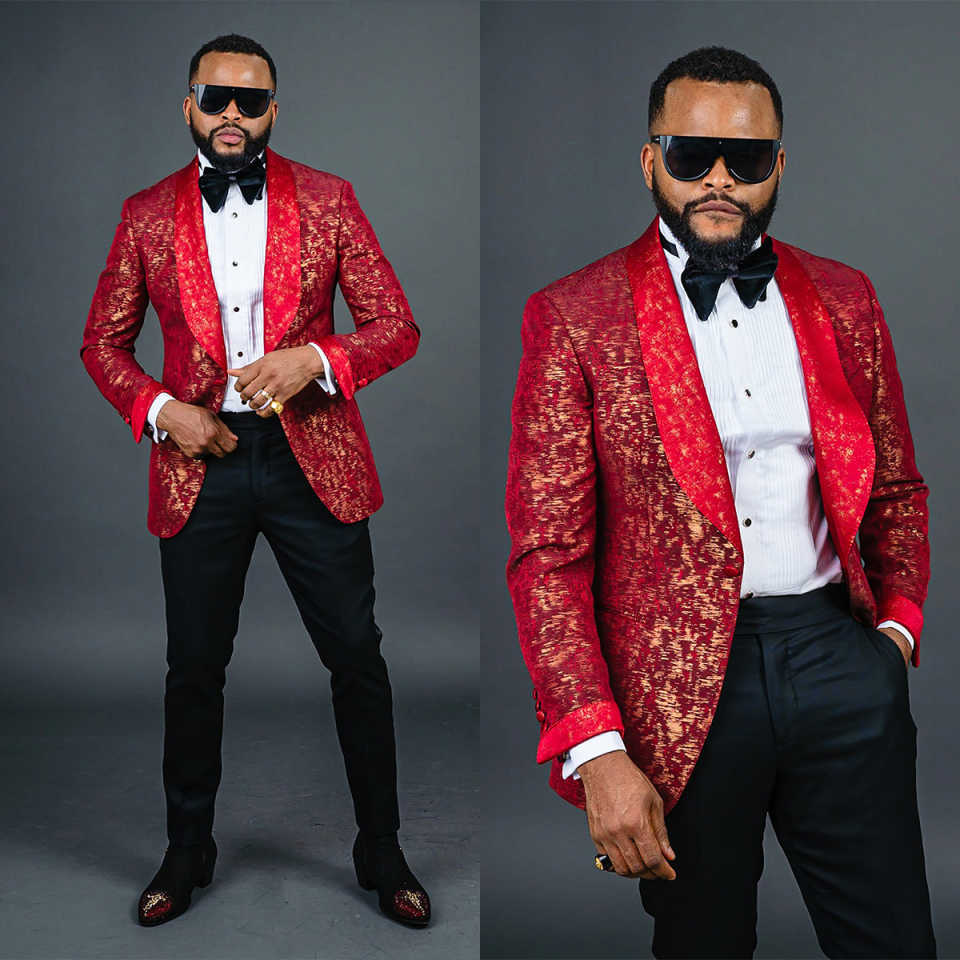 Red Pattern Mens Wedding Tuxedos Shawl Lapel Groom Wear Party Birthday Black Pants Suits 2 Pieces Customized