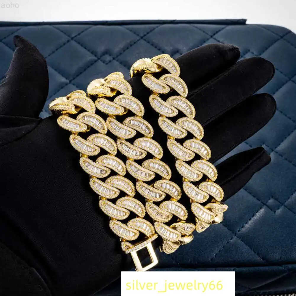 Custom 18mm Baguette Chain Cuban Moissanite 925 Silver Hip Hop Vvs Diamond Moissanite Baguette Cuban Link Chain