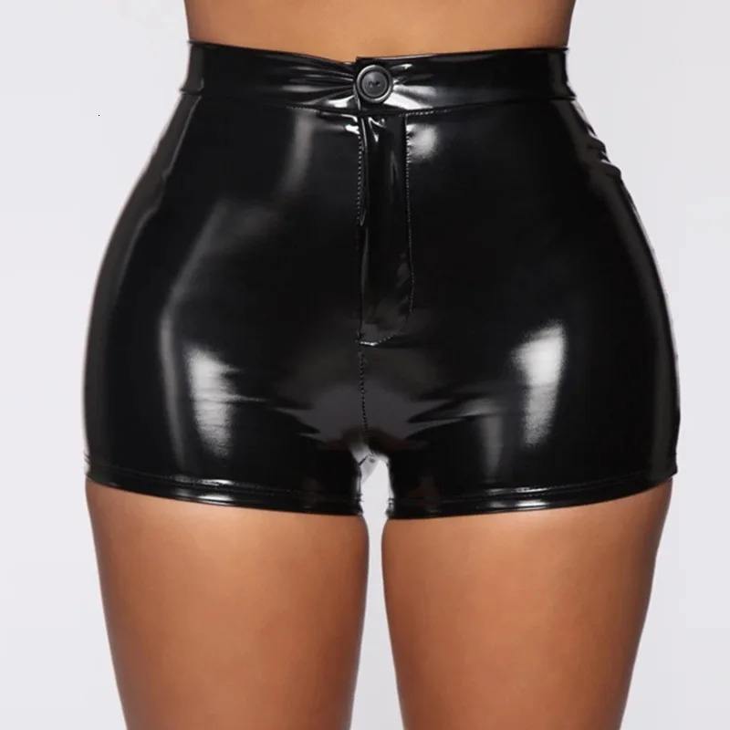 High Waist Leather Reflective Shorts Sexy Nightclub Stretch Black Short Pants Sports Fitness Slim Female 250213