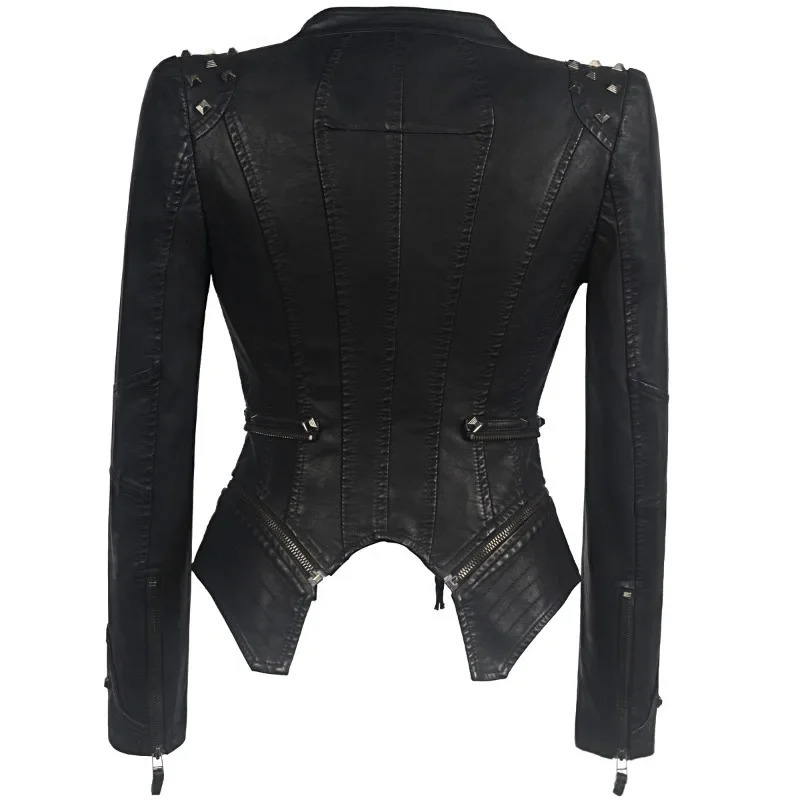 Autumn Winter Leather Jacket Women Gothic Models Shrug Rivets Clothing Slim Waist Washed Biker PU Top 250211