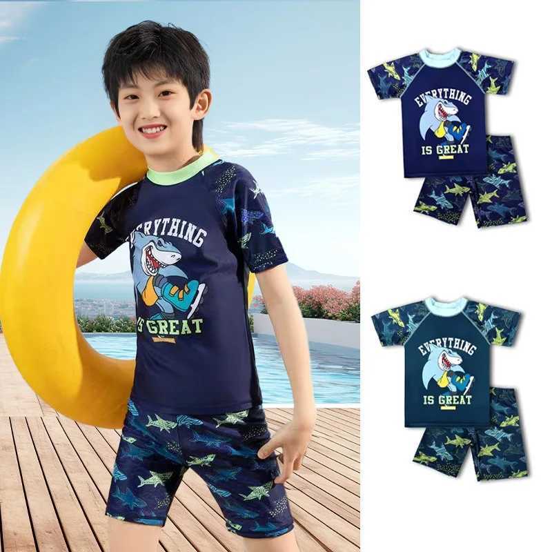 Two Piece Childrens Swimsuit SummerNew Boys Quick-drying Swimwearteenage Boy Swimming Suits with Cap SetXJ250214