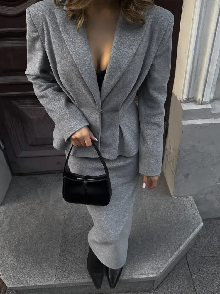 Pleated Fluffy Woolen Suit Coat Top Long Skirt Set Lapel Waist Cinched Commuting Jacket Fishtail Skirts Women Formal Attire 250210