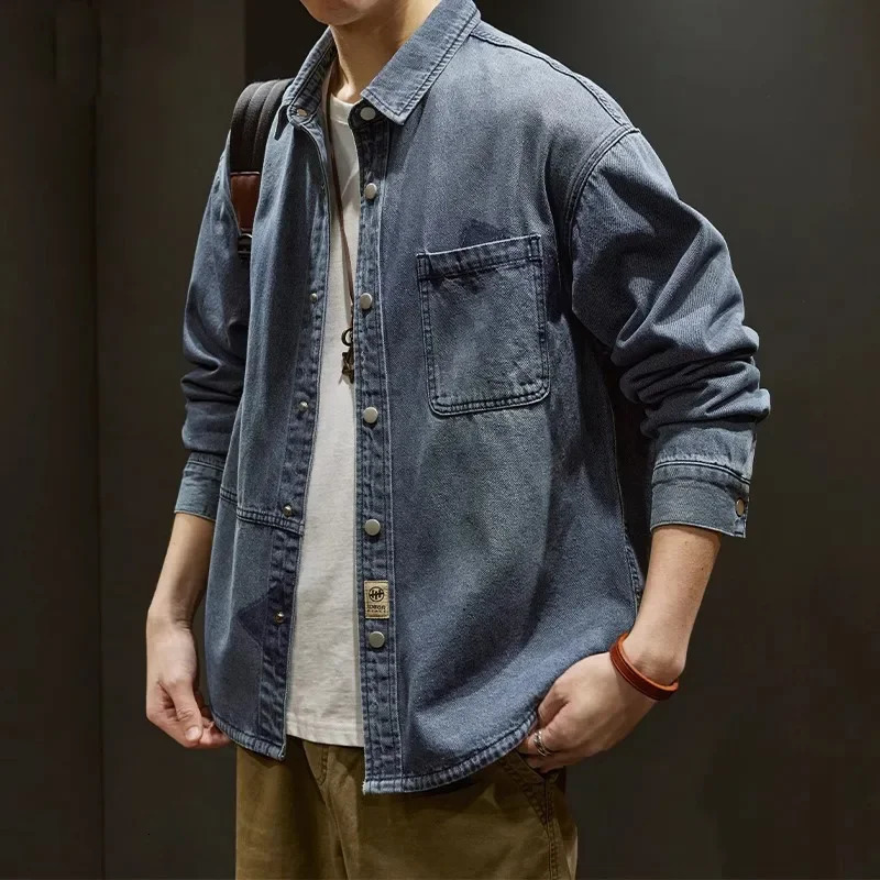 Spring jacket mens denim shirt long sleeved lapel casual retro clothing multi pocket 250212