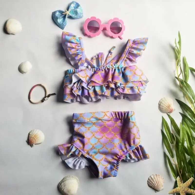 Summer Kids Girl Fish Scale Print Bikinis Sets Ruffles Crop Tops+Shorts 2Pcs Fashion Children Girl Swimwear Bathing SuitsXJ250214