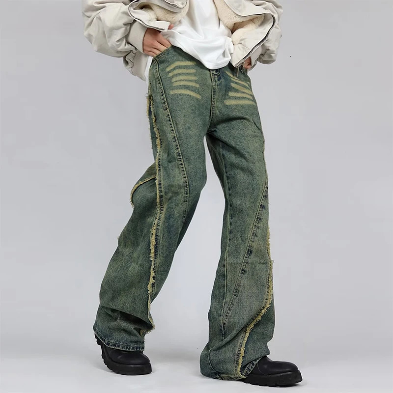 Streetwear Fashion Denim Trousers Mens Spring Fall Trendy Patchwork n Jeans For Men Vintage Fringed Solid Color 250214