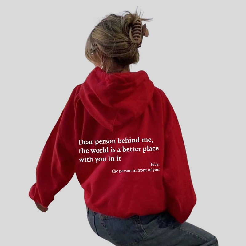 New arrival European beautiful women's fleece sweater letter slogan printed kangaroo pocket drawstring printed hoodie
