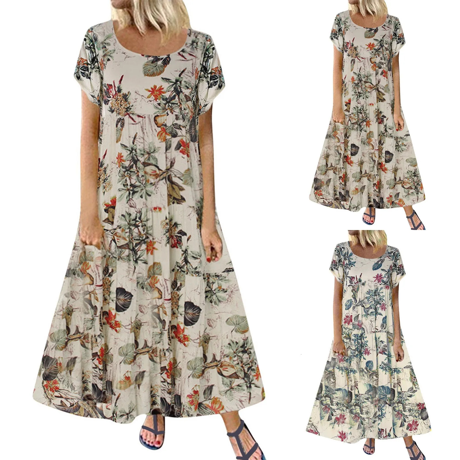 Summer Maxi dress womens floral printed cotton linen long skirt casual short sleeved Sundress Vestidos dress womens dress plus 5XL 250213