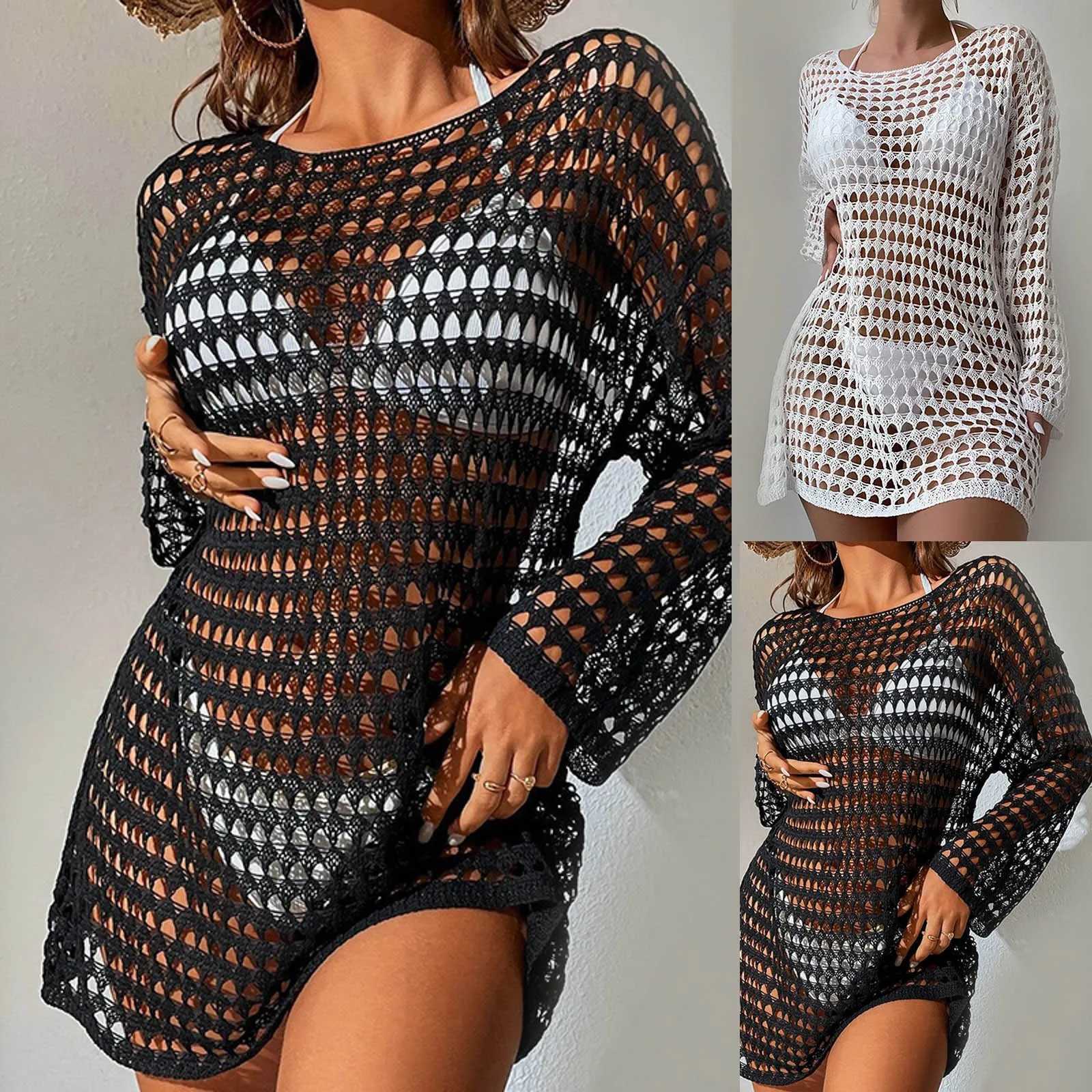Sexy knitted hollow beach cover round neck long sleeved bikini swimsuit cover womens swimsuit coverW250214