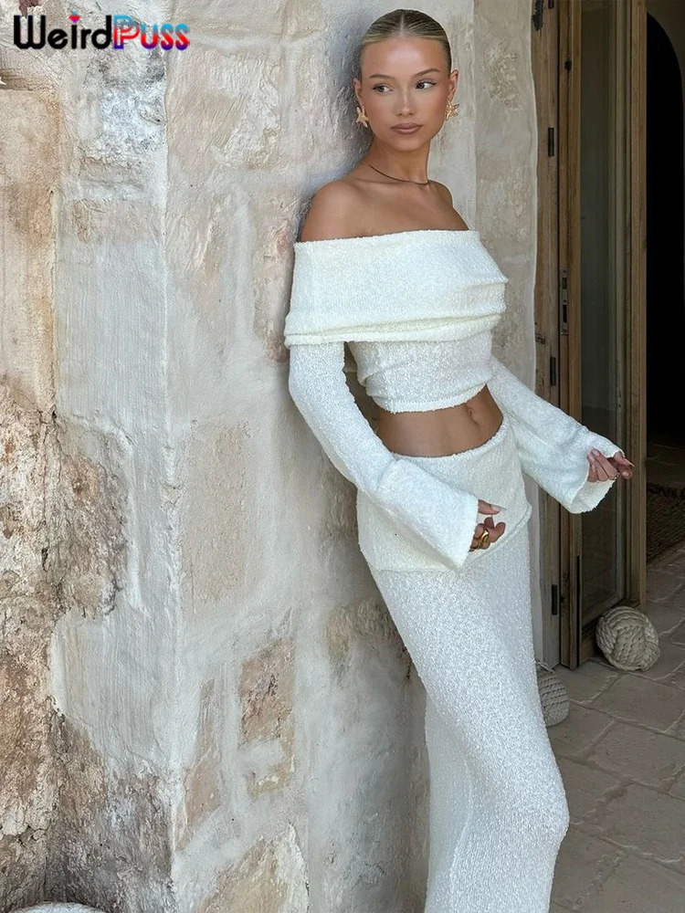 Weird Puss Elegant 2 Piece Set Women Chic Hairball Lapel Slash Neck Crop TopMaxi Skirts Matching Autumn Trend Streetwear Suits 250214