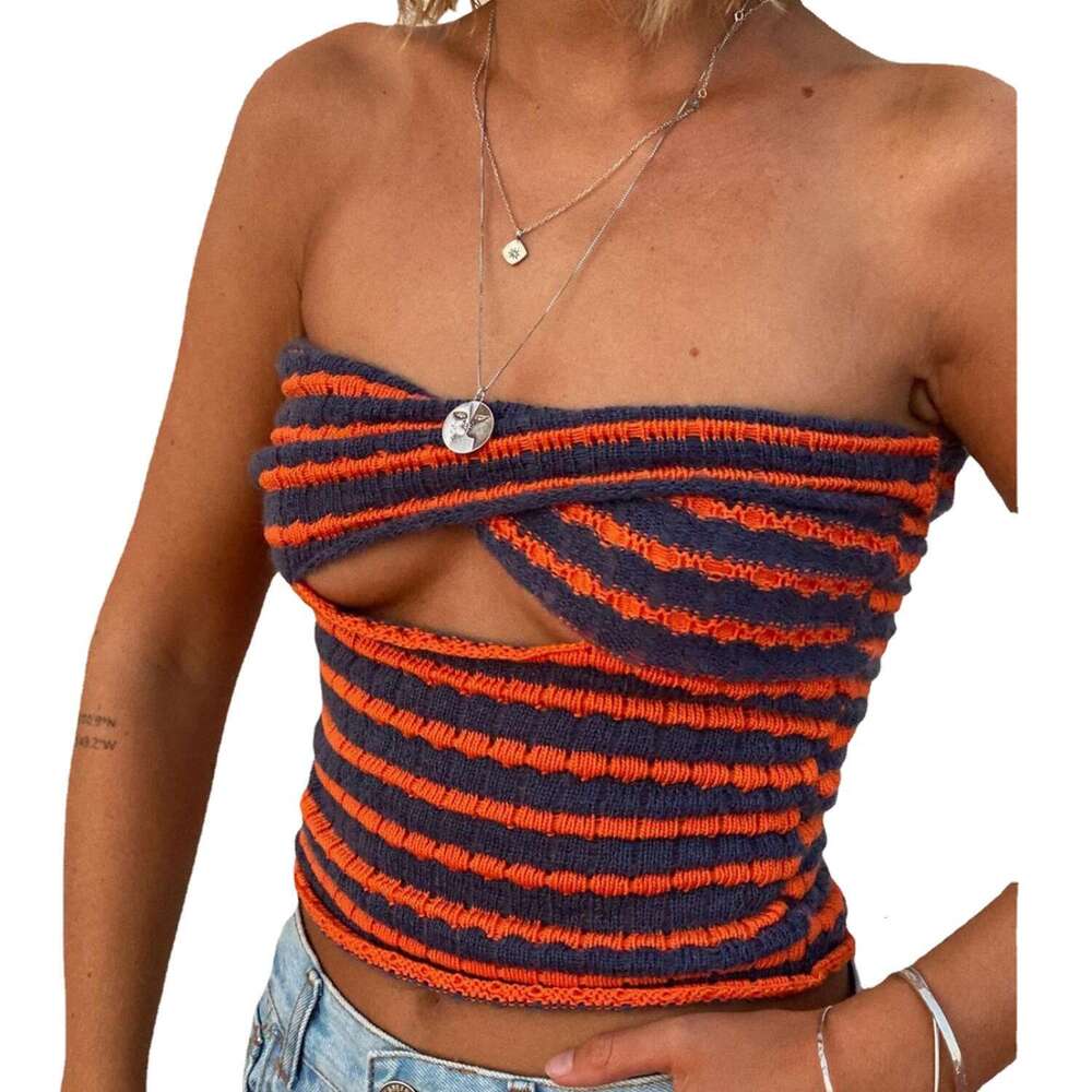 Spring/Summer Hot Women's Sexy Striped Sweater Knitted strapless Tank Top 2025 Versatile New Trendy Clothing Ins