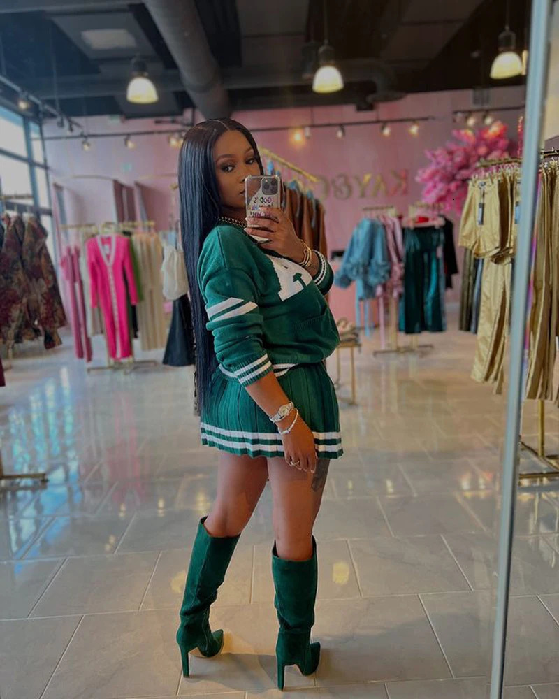 Knit Pleated Sweater Skirts 2 Two Piece Set Trendy Women Clothing Striped Letter Button Cardigan With Matching Mini Skirt Sets 250214