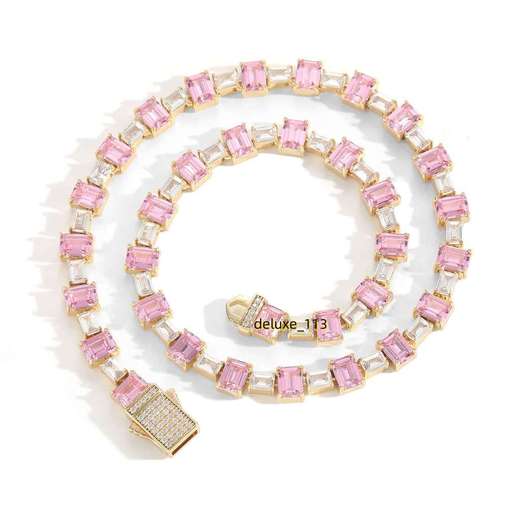 Hip hop pink color blocked square Moissanite simple tennis personalized moissanite collarbone chain hip-hop trendy brand necklace