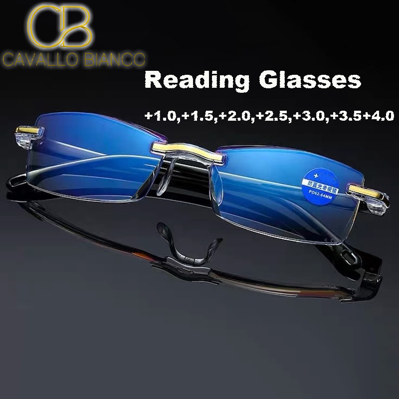 Presbyopia Reading Glasses Women Frameless Square Reader Glasses for Men Women's Anti Blue Light Computer Eyeglasses Far Sight Rimless Oval Red G