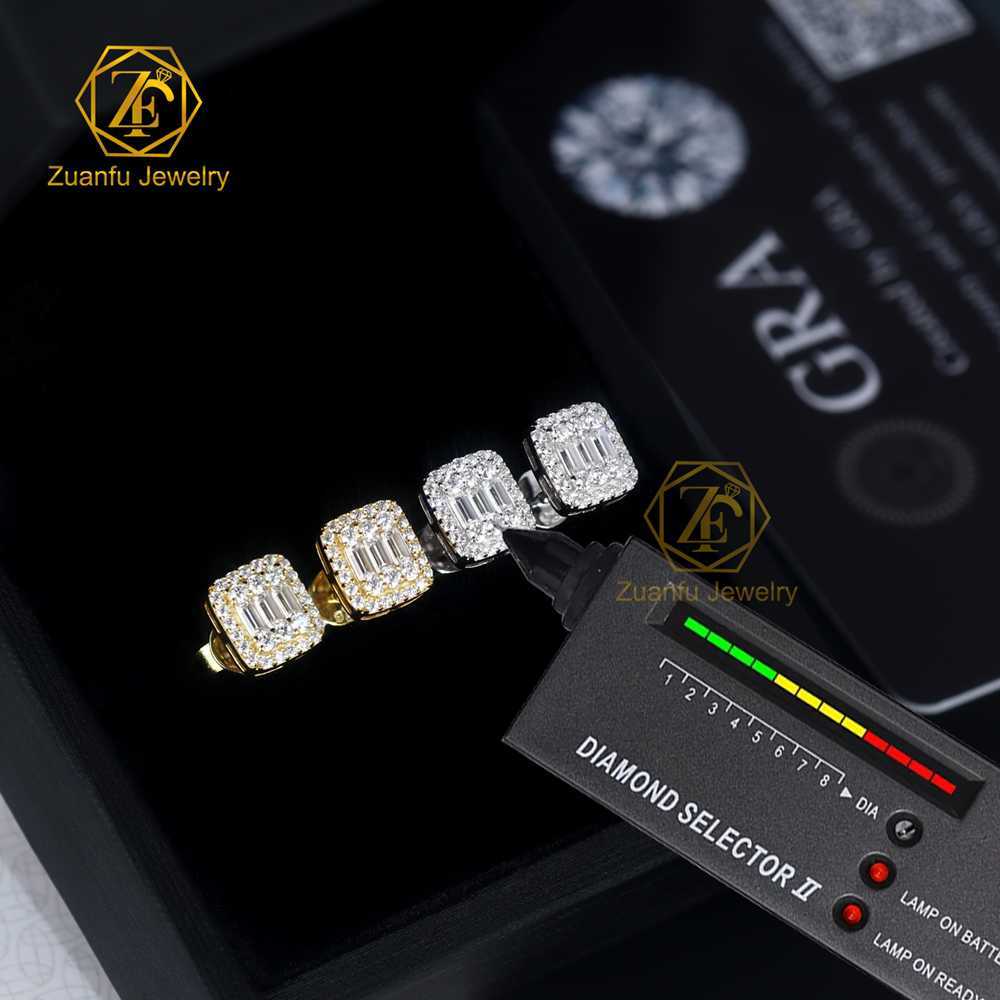 Factory Outlet Unisex Hiphop Stud Earrings 18k Gold Plated 925 Sterling Silver Base Baguette Moissanite Diamond Ear Stud