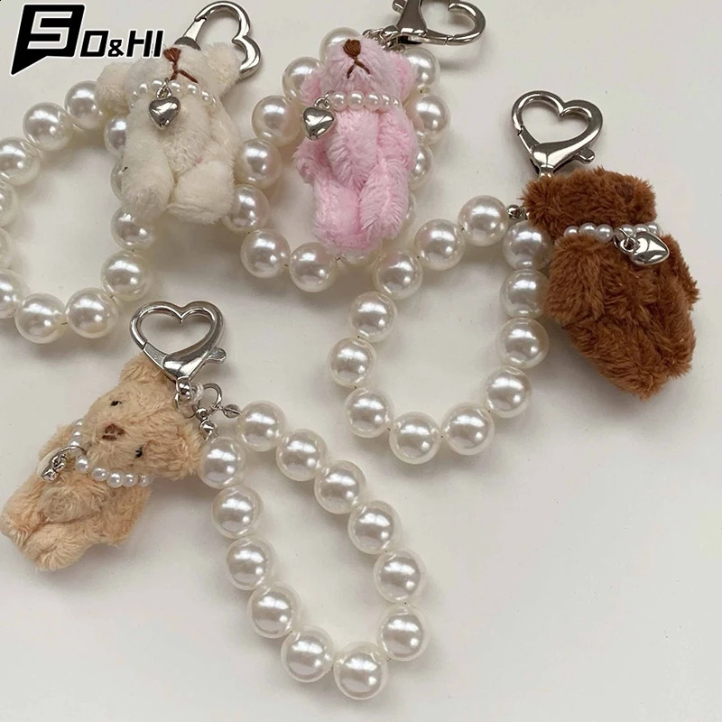 1PC Joint Bear Pearl Phone Chain Pendant Keychain Plush Teddy Bear Keyring Jewelry Camera Bag DIY Decoration Handmade Gift 250214