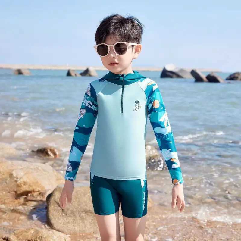 Sun Protection UPF 50+ Long Sleeve Swimming Sunsuit With Hat Children Boys Swimsuit Kids Split Bathing SuitsXJ250214