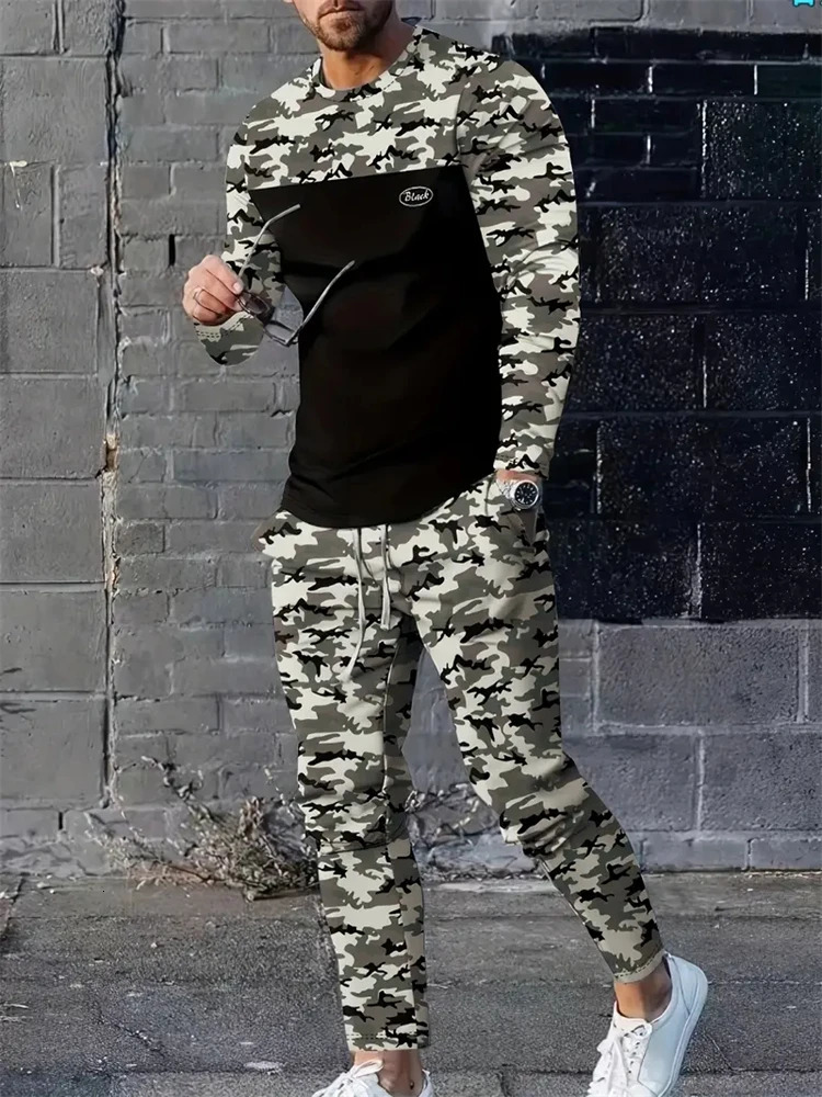 Autumn sports shirt mens long sleeved T-shirt set mens street camouflage retro plus size sweater two-piece set 250214