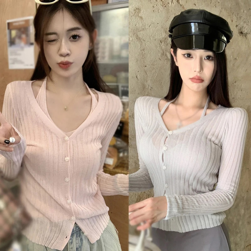 Spring Autumn Womens Knitted Top Casual Fashion Two Pieces Long Sleeves Solid Color 250211