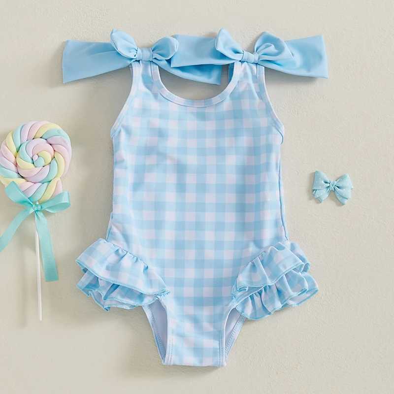 1-4Years Kids Baby Girls Swimsuits Cute Plaid Print Bowknot Shoulder Straps Ruffled Romper Bathing Suit Toddlers BeachwearXJ250214