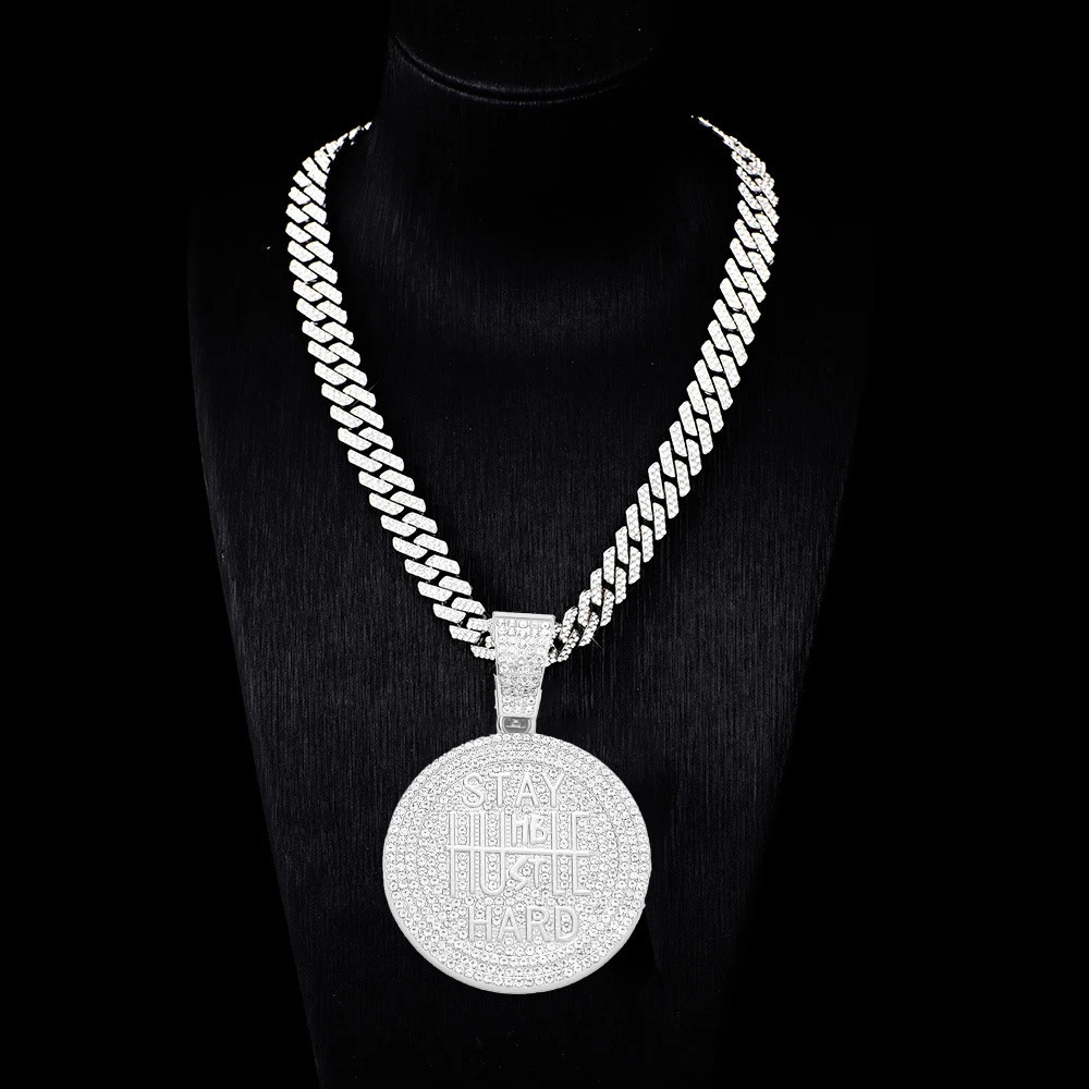 STAY HARD Round Pendent Necklace with Iced Cuban Link Chain Rapper Gift for Men Women 250214
