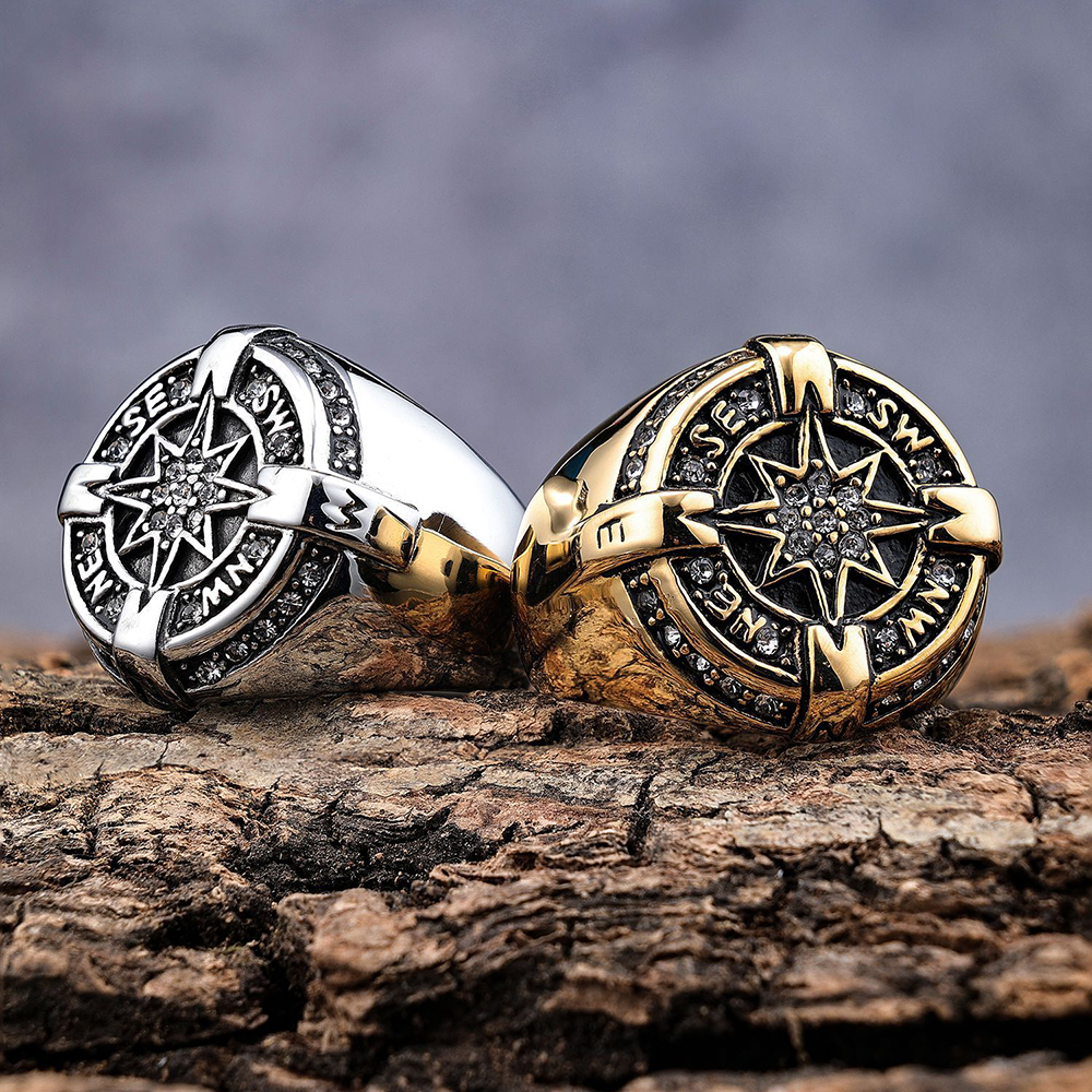 Vintage Hip Hop Star Compass Ring Titanium Steel 18k Gold Plated Mens Finger Jewelry