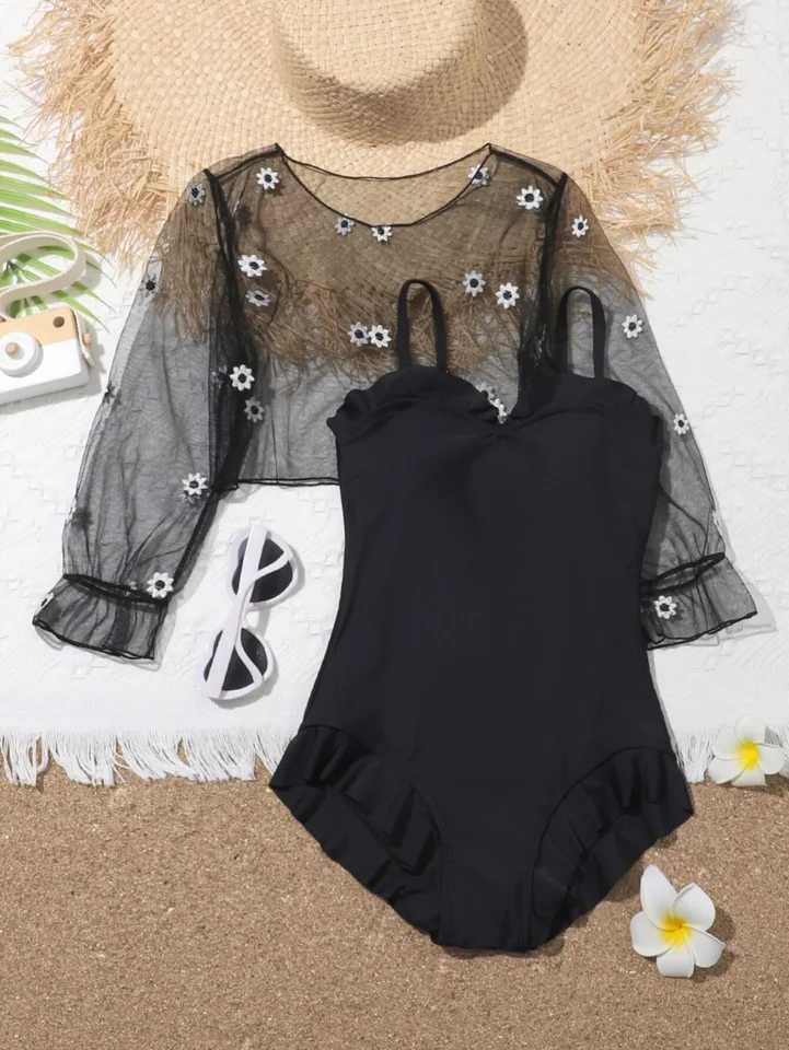 2023 Ruffle Trim One Piece Swimsuit Cover Up Top Kids Swimwear Female Childrens Bathers Bathing Swimming Swim Suit BeachwearXJ250214