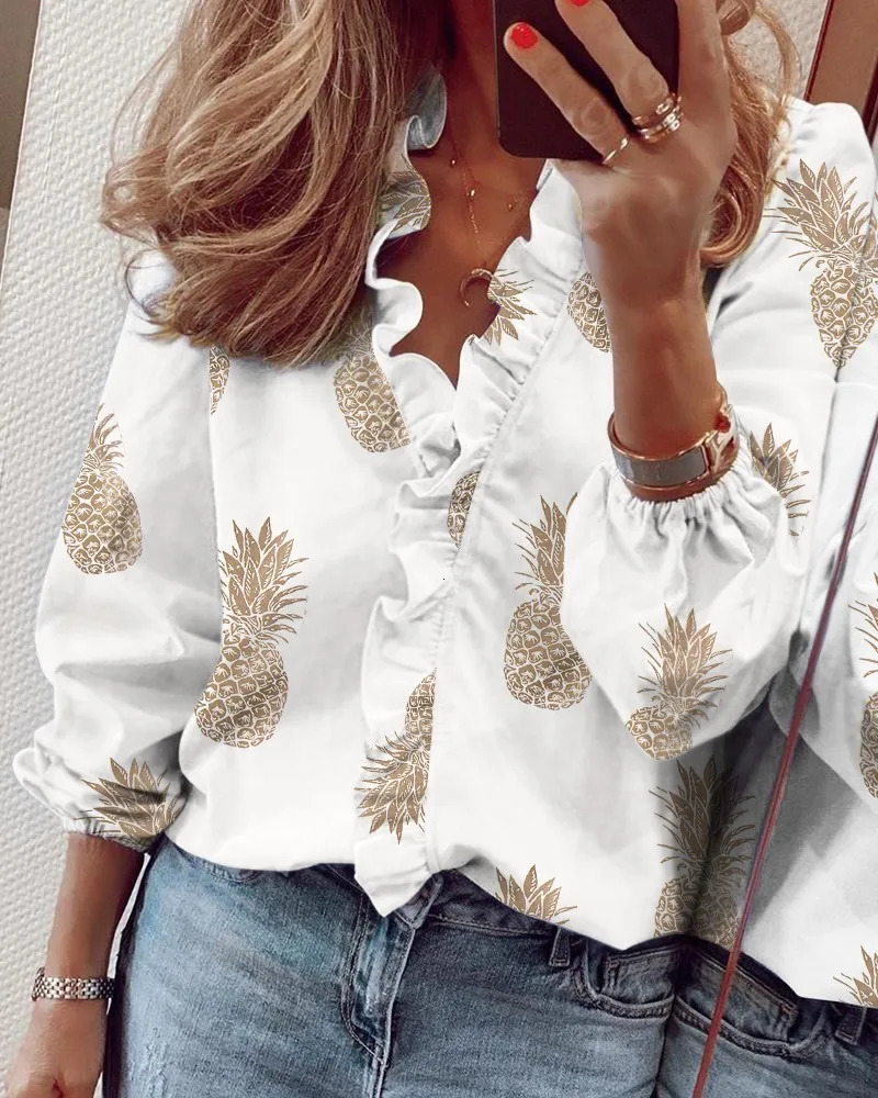 Large size spring and summer fashionable casual long sleeved V-neck womens pleated edge solid color printed loose top 250210