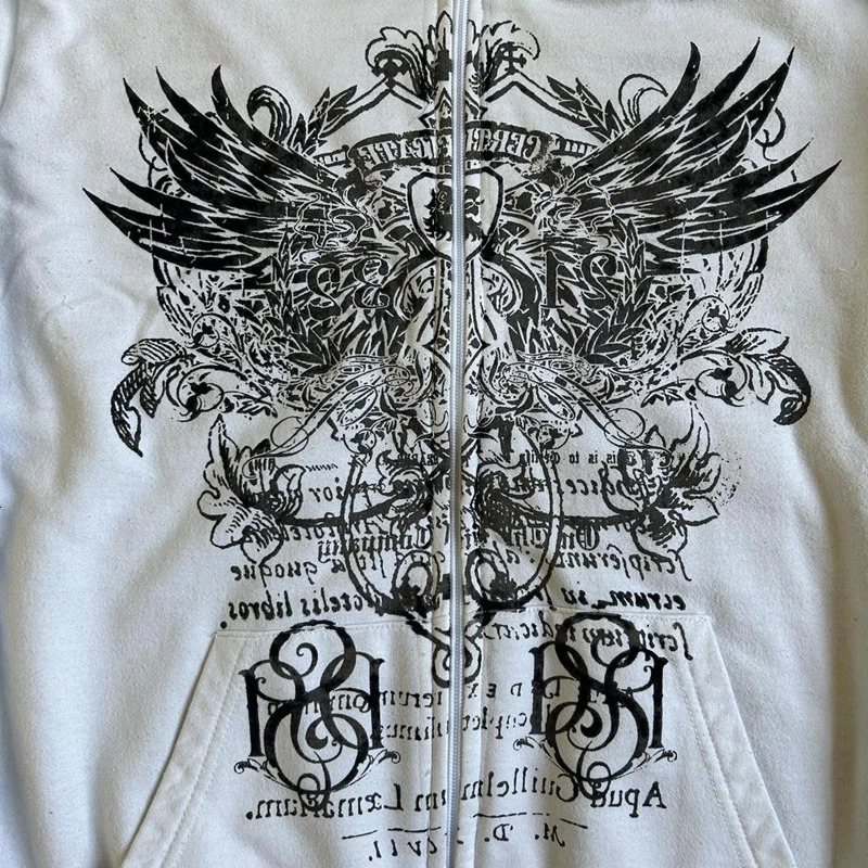 Imcute Wing Print Mall Goth Vintage Hoodies Y2K Grunge Graphic Long Sleeve Hooded Sweatshirt Harajuku Japanese Aesthetic Women 250214