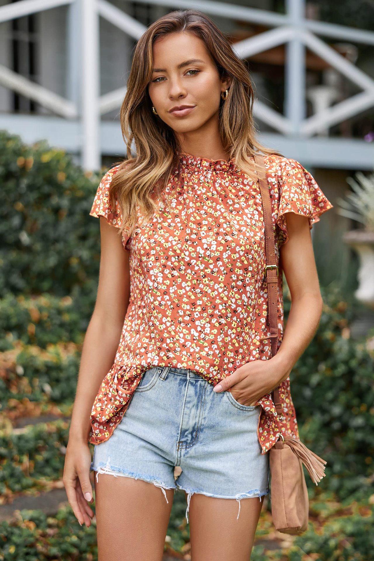 2025 summer new round neck pullover small floral top with lotus leaf sleeves women's T-shirt