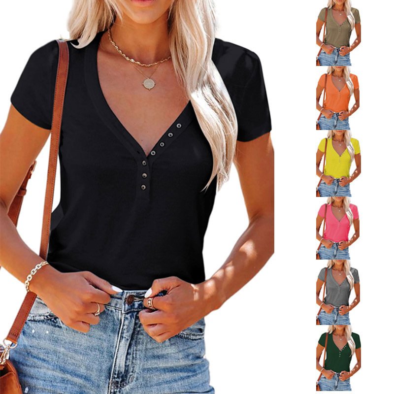 Designer 2025 Spring/Summer New Women Clothing Sexy V-neck Top T-shaped Blood Short Sleeve Female